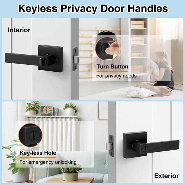 Alt view image 2 of 7 - Black Door Handle Interior Knobs Keyless Levers Privacy Lock 6 Pack Heavy Duty Privacy Door Handle Lock, Keyless Matte Black Interior Door Knobs, Square Door Levers Handle for Bedroom Bathroom