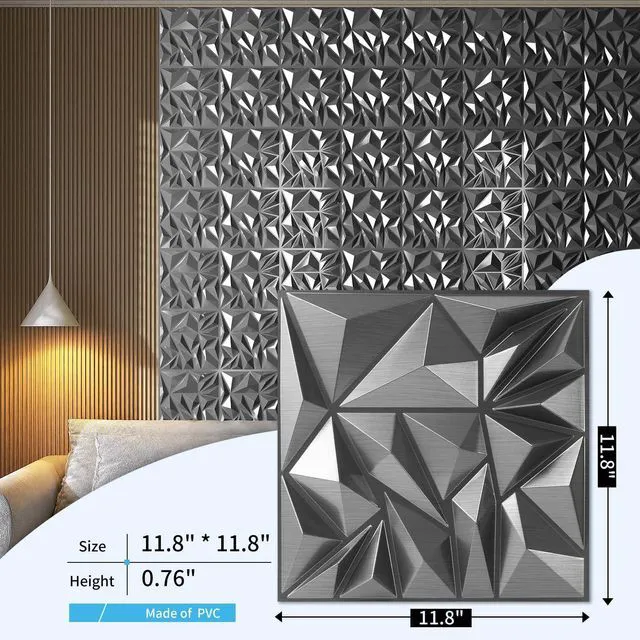 Alt view image 3 of 7 - 33-Pack Modern Diamond Textured 3D Wall Panels, 12 x 12 in, Silver Light PVC, Waterproof, Scratch Proof, Decorative Wall, Ideal for Home, Office & Commercial Spaces