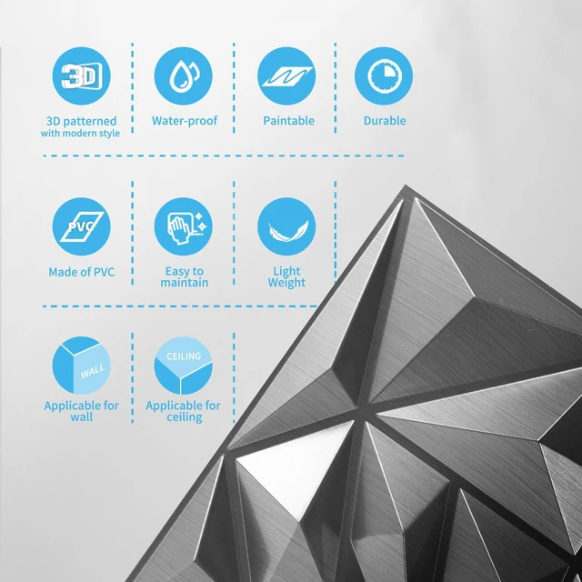 Alt view image 6 of 7 - 33-Pack Modern Diamond Textured 3D Wall Panels, 12 x 12 in, Silver Light PVC, Waterproof, Scratch Proof, Decorative Wall, Ideal for Home, Office & Commercial Spaces