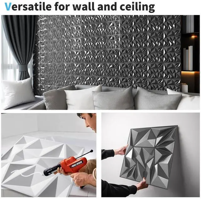 Alt view image 5 of 7 - 33-Pack Modern Diamond Textured 3D Wall Panels, 12 x 12 in, Silver Light PVC, Waterproof, Scratch Proof, Decorative Wall, Ideal for Home, Office & Commercial Spaces