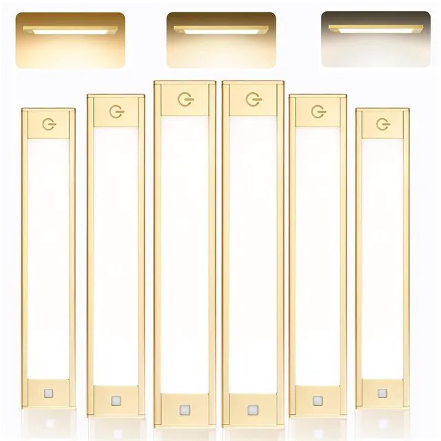 Main image of Motion Sensor Cabinet Light, Rechargeable, Dimmable, 6Pcs, 9in Gold aluminum, magnetic wireless, 1800mAh, 3 color temps & dimmable, ideal for kitchen, closet, shelf & stair