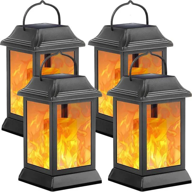 Main image of Flickering Flame Solar Lights Outdoor Metal Hanging Lantern, 4 Pack Realistic Flame Effect, Charges in 6-8 Hours, 10-12-Hour Runtime, IP65 Waterproof, Auto On/Off for Patio, Garden and Porch