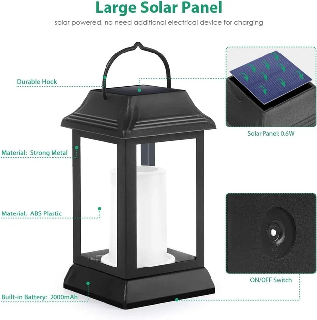 Alt view image 4 of 7 - Flickering Flame Solar Lights Outdoor Metal Hanging Lantern, 4 Pack Realistic Flame Effect, Charges in 6-8 Hours, 10-12-Hour Runtime, IP65 Waterproof, Auto On/Off for Patio, Garden and Porch