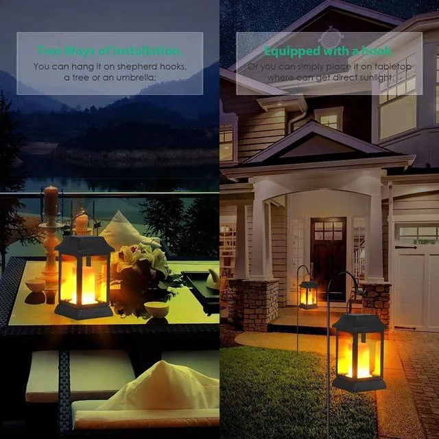 Alt view image 5 of 7 - Flickering Flame Solar Lights Outdoor Metal Hanging Lantern, 4 Pack Realistic Flame Effect, Charges in 6-8 Hours, 10-12-Hour Runtime, IP65 Waterproof, Auto On/Off for Patio, Garden and Porch