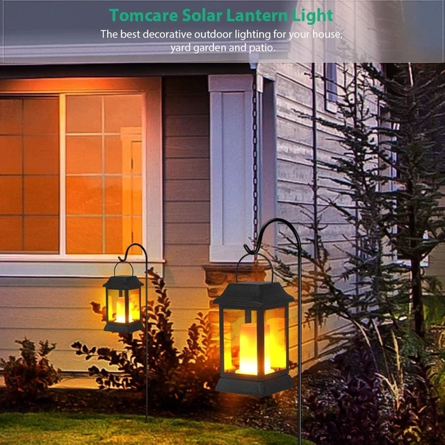 Alt view image 6 of 7 - Flickering Flame Solar Lights Outdoor Metal Hanging Lantern, 4 Pack Realistic Flame Effect, Charges in 6-8 Hours, 10-12-Hour Runtime, IP65 Waterproof, Auto On/Off for Patio, Garden and Porch