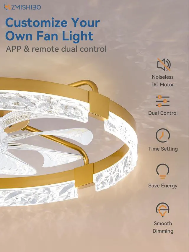 Alt view image 2 of 7 - 24 Inch Ceiling Fans with Lights, Flush Mount Remote & App Control 3CCT Dimmable LED, DC Motor, Bladeless, Reversible Blade, 6 Speeds, Modern, Low Profile, Enclosed, Bedroom, Kids, Girl, Adult