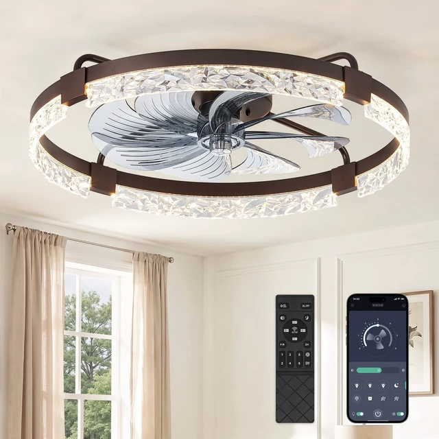 Main image of 24 Inch Ceiling Fans with Lights, Flush Mount Remote & App Control 3CCT Dimmable LED, DC Motor, Bladeless, Reversible Blade, 6 Speeds, Modern, Low Profile, Enclosed, Bedroom, Kids, Girl, Adult