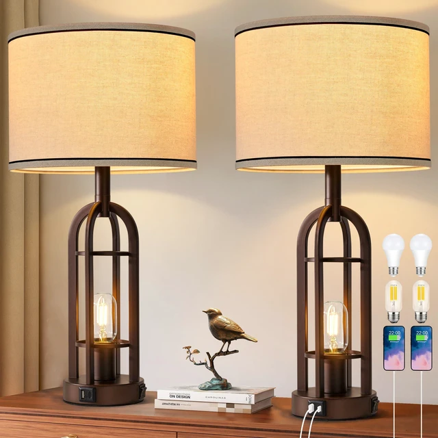 Main image of Farmhouse Table Lamps for Living Room Bedroom Set of 2 - Rustic Industrial Bedside Lamps for Night Stands with USB A+C, 24" Vintage Nightstand Lamp with Night Light, Bulbs Included