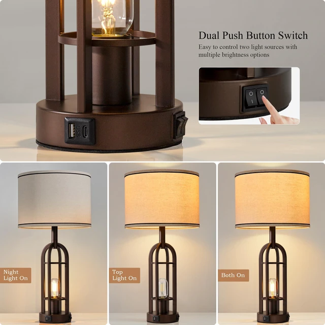 Alt view image 2 of 6 - Farmhouse Table Lamps for Living Room Bedroom Set of 2 - Rustic Industrial Bedside Lamps for Night Stands with USB A+C, 24" Vintage Nightstand Lamp with Night Light, Bulbs Included