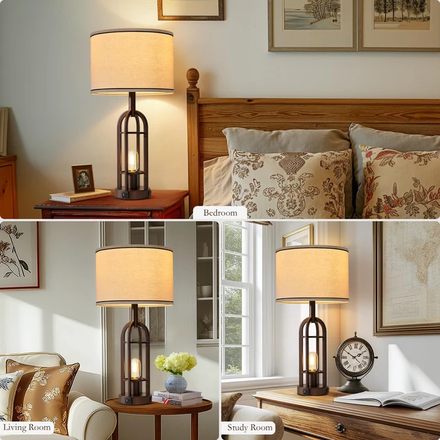 Alt view image 4 of 6 - Farmhouse Table Lamps for Living Room Bedroom Set of 2 - Rustic Industrial Bedside Lamps for Night Stands with USB A+C, 24" Vintage Nightstand Lamp with Night Light, Bulbs Included