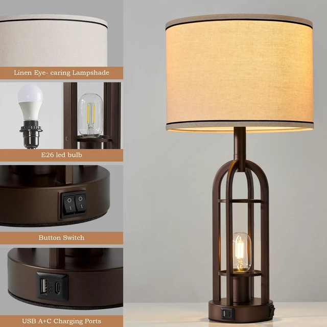 Alt view image 5 of 6 - Farmhouse Table Lamps for Living Room Bedroom Set of 2 - Rustic Industrial Bedside Lamps for Night Stands with USB A+C, 24" Vintage Nightstand Lamp with Night Light, Bulbs Included