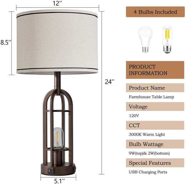 Alt view image 6 of 6 - Farmhouse Table Lamps for Living Room Bedroom Set of 2 - Rustic Industrial Bedside Lamps for Night Stands with USB A+C, 24" Vintage Nightstand Lamp with Night Light, Bulbs Included