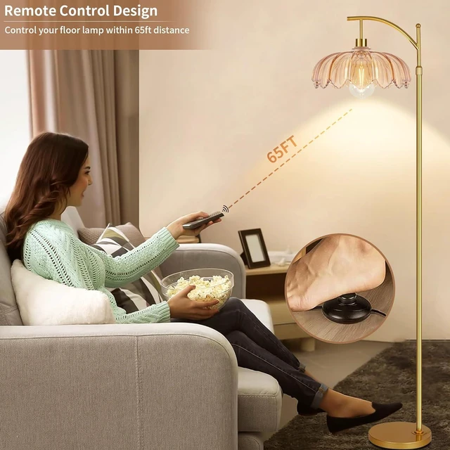 Alt view image 4 of 7 - Gold Floor Lamp for Living Room,Bedroom,Mid Century Modern Standing Lamp with Remote,Dimmable Brass Tall Lamp Amber Glass Vintage Retro Arc Floor Lamps Flower Floor Light Boho Bohemian