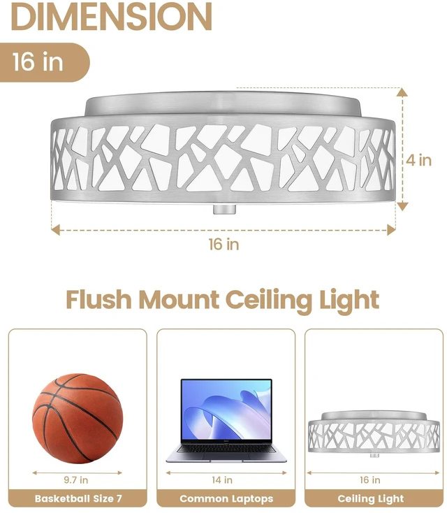 Alt view image 3 of 7 - 3-Light Flush Mount Ceiling Light, 16 Inch Modern Light Fixture with Brushed Nickel Metal and Frosted Glass Shade for Bedroom, Hallway, Kitchen