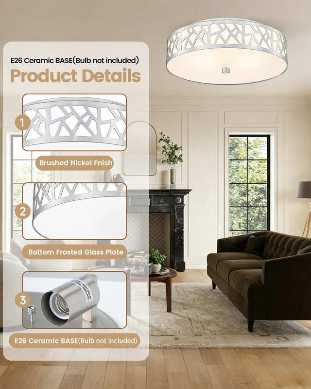 Alt view image 2 of 7 - 3-Light Flush Mount Ceiling Light, 16 Inch Modern Light Fixture with Brushed Nickel Metal and Frosted Glass Shade for Bedroom, Hallway, Kitchen
