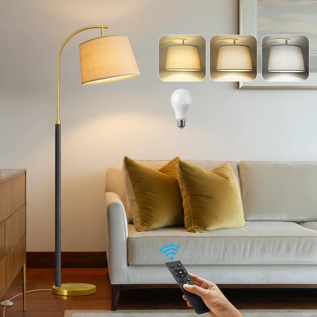 Main image of Real Wood Floor Lamps for Living Room Bedroom, 62" Mid Century Modern Lamp Dimmable Remote 3 Color Temperature, 9W Bulb Included, Foot Switch, Black Mcm Arc Standing Tall Lamp Nursery Corner Reading