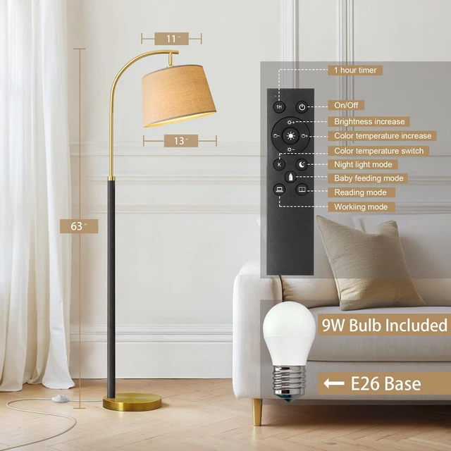 Alt view image 5 of 7 - Real Wood Floor Lamps for Living Room Bedroom, 62" Mid Century Modern Lamp Dimmable Remote 3 Color Temperature, 9W Bulb Included, Foot Switch, Black Mcm Arc Standing Tall Lamp Nursery Corner Reading