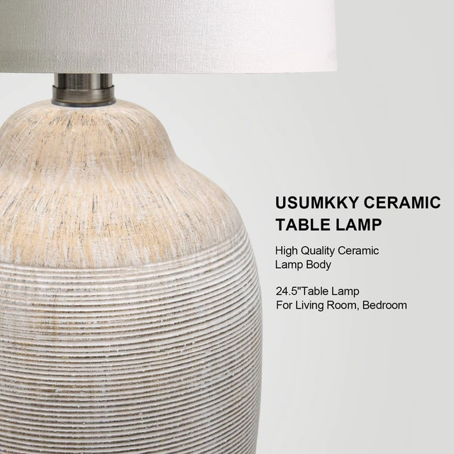 Alt view image 4 of 7 - 24 inch Vintage Ceramic Table Lamp with 5FT Cord - Single Farmhouse Rustic Bedside Lamp with Natural Textured Finish, Nightstand Lamps for Living Room, Bedroom, End Table Beige