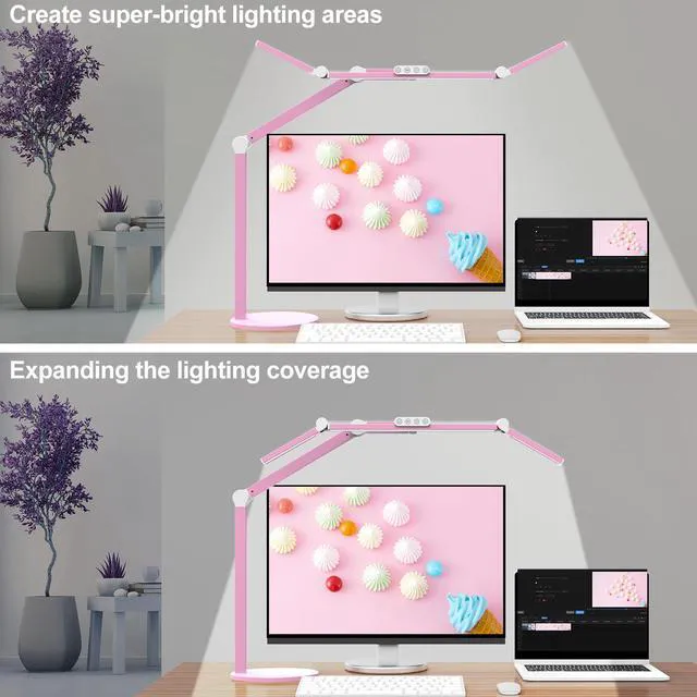 Alt view image 2 of 6 - Led Desk Lamp with Base, Adjustable Tall Architect Desk Light for Home Office with Flexible Swing Arm, 24W Pink Bright Table Lamp Auto Dimming Computer Light for Workbench