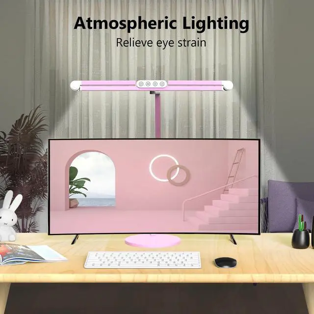 Alt view image 3 of 6 - Led Desk Lamp with Base, Adjustable Tall Architect Desk Light for Home Office with Flexible Swing Arm, 24W Pink Bright Table Lamp Auto Dimming Computer Light for Workbench