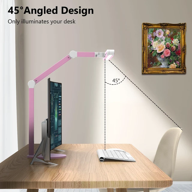 Alt view image 4 of 6 - Led Desk Lamp with Base, Adjustable Tall Architect Desk Light for Home Office with Flexible Swing Arm, 24W Pink Bright Table Lamp Auto Dimming Computer Light for Workbench