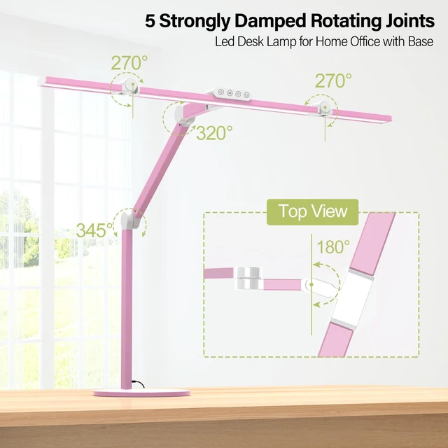 Alt view image 6 of 6 - Led Desk Lamp with Base, Adjustable Tall Architect Desk Light for Home Office with Flexible Swing Arm, 24W Pink Bright Table Lamp Auto Dimming Computer Light for Workbench