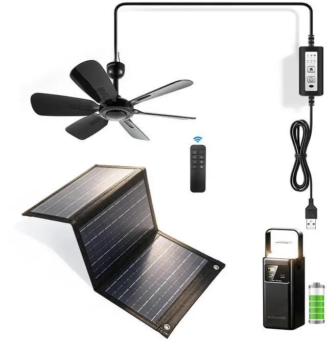 Main image of Portable Ceiling Fan, USB Plug-In, 5V DC Powered, 6 Blades, Indoor/Outdoor RV Camping Tent Canopy, Hanging, Quiet Operation (with power bank and solar panel)