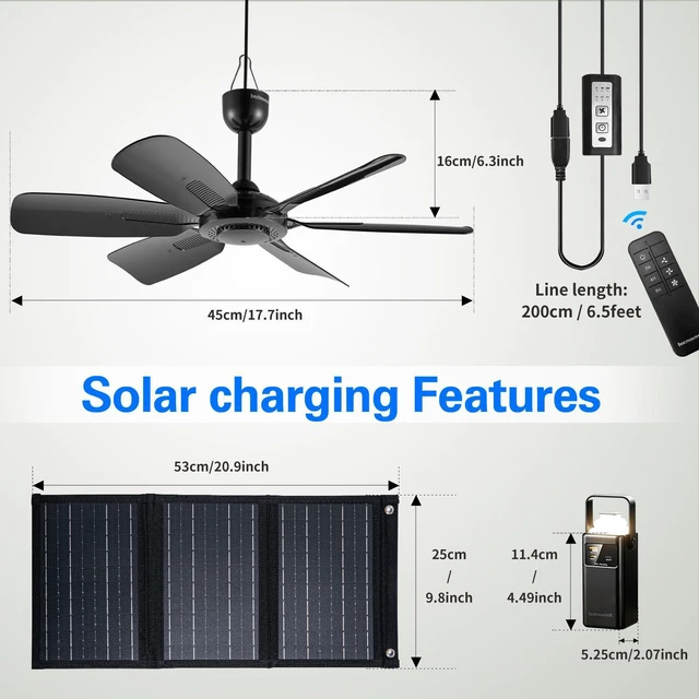 Alt view image 2 of 6 - Portable Ceiling Fan, USB Plug-In, 5V DC Powered, 6 Blades, Indoor/Outdoor RV Camping Tent Canopy, Hanging, Quiet Operation (with power bank and solar panel)