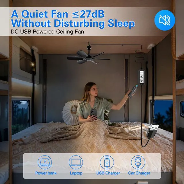 Alt view image 3 of 6 - Portable Ceiling Fan, USB Plug-In, 5V DC Powered, 6 Blades, Indoor/Outdoor RV Camping Tent Canopy, Hanging, Quiet Operation (with power bank and solar panel)