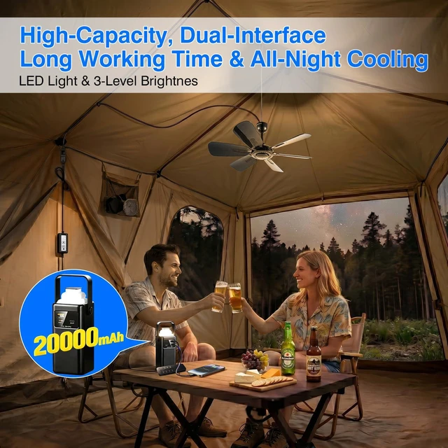 Alt view image 4 of 6 - Portable Ceiling Fan, USB Plug-In, 5V DC Powered, 6 Blades, Indoor/Outdoor RV Camping Tent Canopy, Hanging, Quiet Operation (with power bank and solar panel)