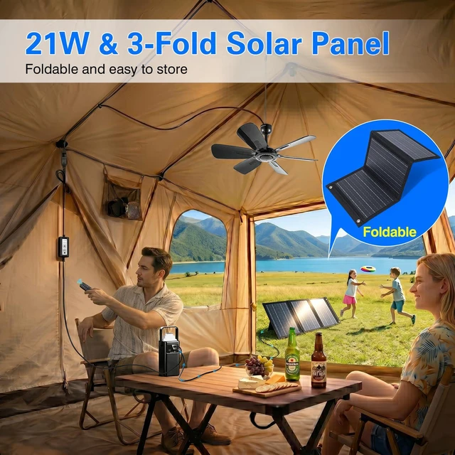 Alt view image 5 of 6 - Portable Ceiling Fan, USB Plug-In, 5V DC Powered, 6 Blades, Indoor/Outdoor RV Camping Tent Canopy, Hanging, Quiet Operation (with power bank and solar panel)