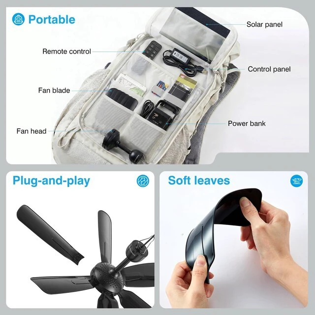 Alt view image 6 of 6 - Portable Ceiling Fan, USB Plug-In, 5V DC Powered, 6 Blades, Indoor/Outdoor RV Camping Tent Canopy, Hanging, Quiet Operation (with power bank and solar panel)
