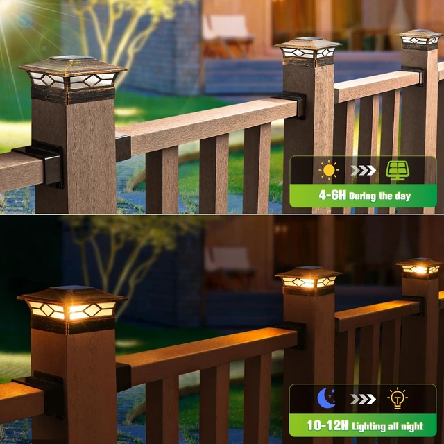 Alt view image 2 of 7 - Solar Post Cap Lights Outdoor 12pack, Waterproof Solar Powered Deck Fence Post Lights for 4x4 Wood/Vinyl Posts, Solar Outdoor LED Light with Cool/Warm Lighting Decorate Garden Patio Porch