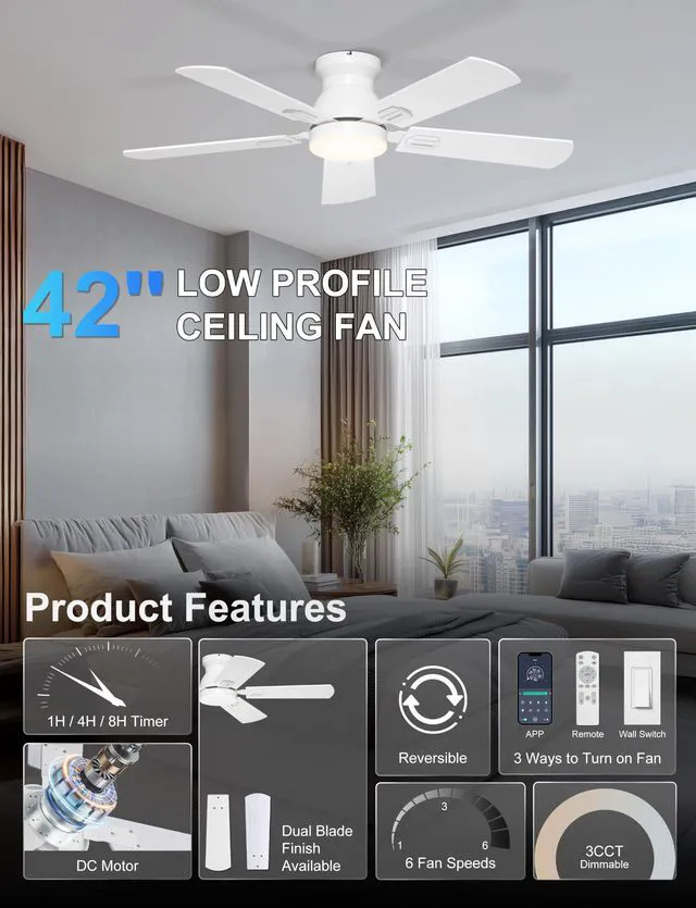 Alt view image 2 of 7 - 42'' White Flush Mount Ceiling Fans with Lights for Nursery Room App/Remote Control, Low Profile, Space-Saving, Quiet DC Motor, 3CCT Dimmable, 6 Speeds Modern Overhead Fan for Low Ceilings