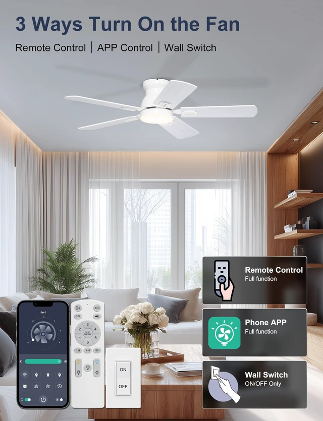 Alt view image 3 of 7 - 42'' White Flush Mount Ceiling Fans with Lights for Nursery Room App/Remote Control, Low Profile, Space-Saving, Quiet DC Motor, 3CCT Dimmable, 6 Speeds Modern Overhead Fan for Low Ceilings