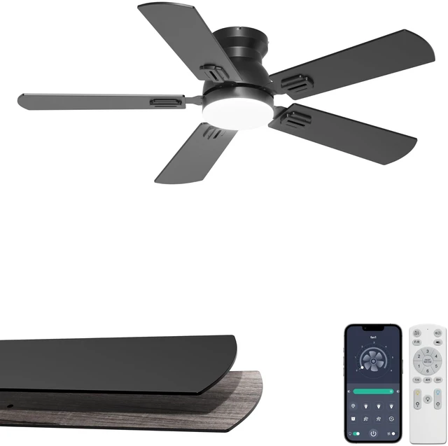 Main image of 42'' Black Flush Mount Ceiling Fan with Lights for Bedroom Patio App/Remote Control, Low Profile, Space-Saving, Quiet DC Motor, 3CCT Dimmable, 6 Speeds Modern Overhead Fan for Low Ceilings