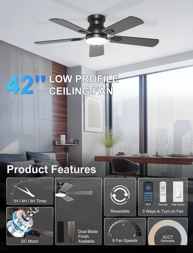 Alt view image 2 of 7 - 42'' Black Flush Mount Ceiling Fan with Lights for Bedroom Patio App/Remote Control, Low Profile, Space-Saving, Quiet DC Motor, 3CCT Dimmable, 6 Speeds Modern Overhead Fan for Low Ceilings