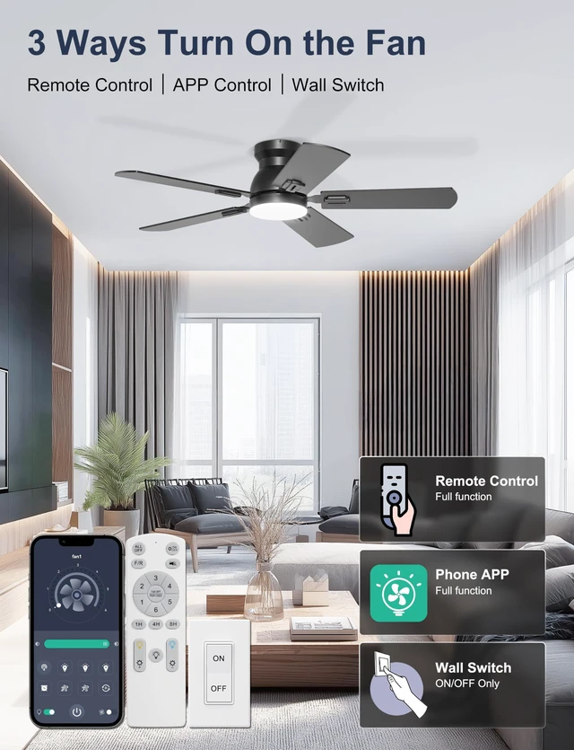 Alt view image 3 of 7 - 42'' Black Flush Mount Ceiling Fan with Lights for Bedroom Patio App/Remote Control, Low Profile, Space-Saving, Quiet DC Motor, 3CCT Dimmable, 6 Speeds Modern Overhead Fan for Low Ceilings