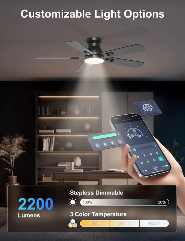 Alt view image 4 of 7 - 42'' Black Flush Mount Ceiling Fan with Lights for Bedroom Patio App/Remote Control, Low Profile, Space-Saving, Quiet DC Motor, 3CCT Dimmable, 6 Speeds Modern Overhead Fan for Low Ceilings