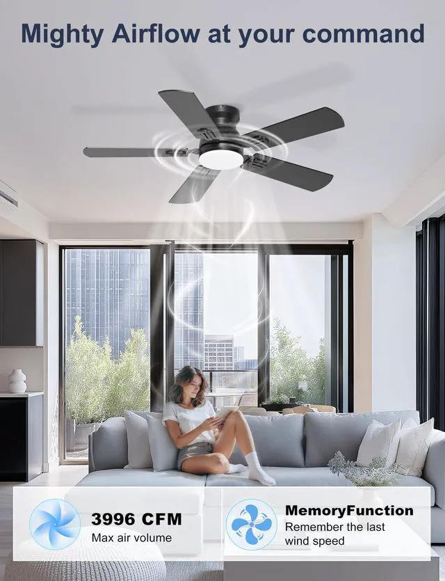 Alt view image 5 of 7 - 42'' Black Flush Mount Ceiling Fan with Lights for Bedroom Patio App/Remote Control, Low Profile, Space-Saving, Quiet DC Motor, 3CCT Dimmable, 6 Speeds Modern Overhead Fan for Low Ceilings