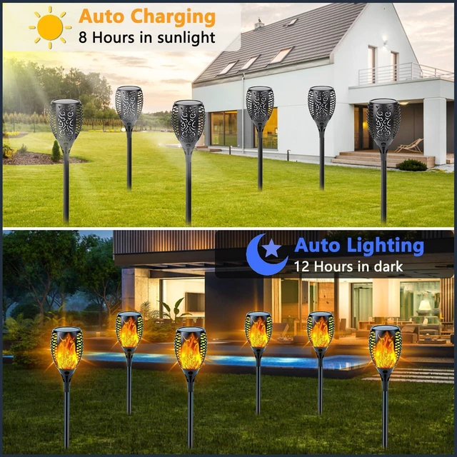 Alt view image 3 of 7 - Solar Torch Lights with Flickering Flame Larger Size Solar Flame Lights 8 Pack Upgraded Solar Lights Outdoor for Halloween Decor, Waterproof Solar Tiki Torches Outdoor for Garden Yard Pathway Patio