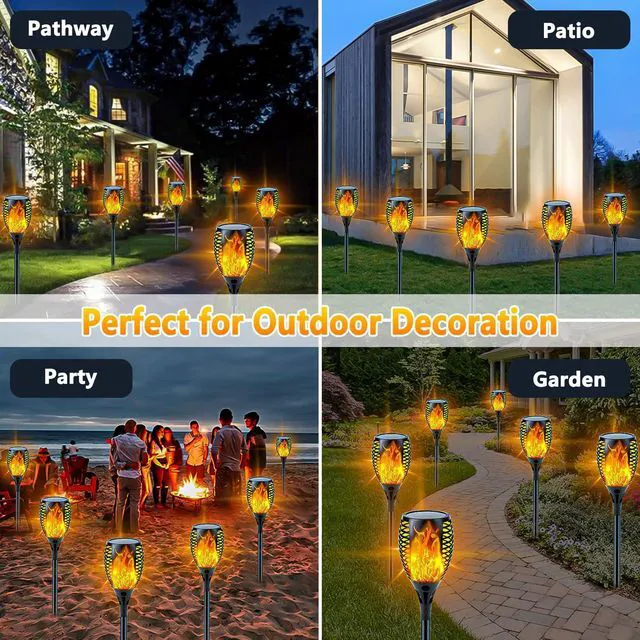 Alt view image 4 of 7 - Solar Torch Lights with Flickering Flame Larger Size Solar Flame Lights 8 Pack Upgraded Solar Lights Outdoor for Halloween Decor, Waterproof Solar Tiki Torches Outdoor for Garden Yard Pathway Patio