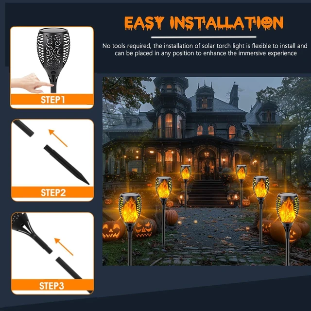 Alt view image 6 of 7 - Solar Torch Lights with Flickering Flame Larger Size Solar Flame Lights 8 Pack Upgraded Solar Lights Outdoor for Halloween Decor, Waterproof Solar Tiki Torches Outdoor for Garden Yard Pathway Patio