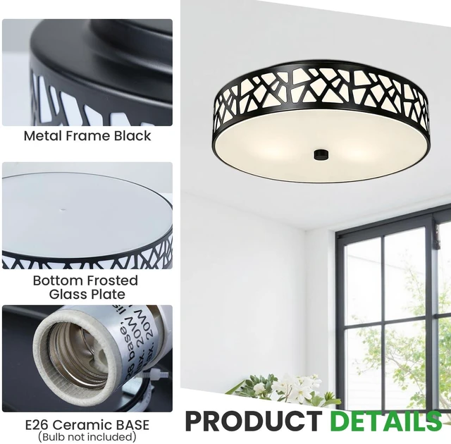 Alt view image 3 of 7 - Black Flush Mount Ceiling Light, 3-Light Farmhouse Light Fixture with Frosted Glass Shade for Bedroom, Hallway, Kitchen, 16 Inch