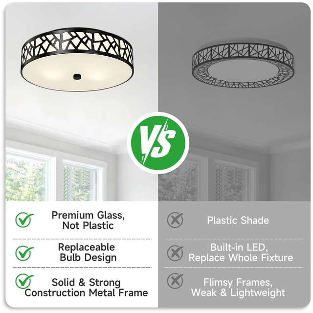 Alt view image 4 of 7 - Black Flush Mount Ceiling Light, 3-Light Farmhouse Light Fixture with Frosted Glass Shade for Bedroom, Hallway, Kitchen, 16 Inch