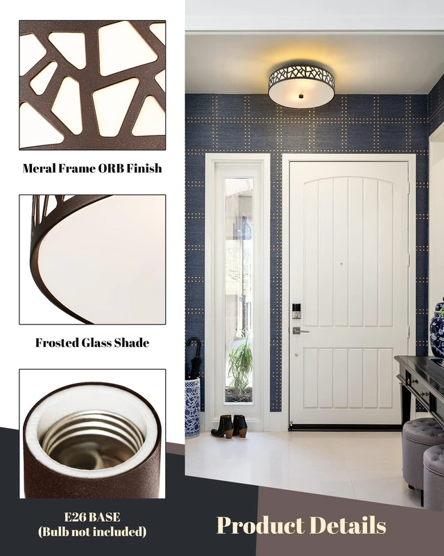 Alt view image 5 of 7 - 2 PK Flush Mount Ceiling Light Fixture, 12 Inch Ceiling Light Fixtures with Frosted Glass Shade, 2 - Bulb Oil Rubbed Bronze Light Fixtures Ceiling Mount for Bedroom, Hallway, Kitchen, Bathroom