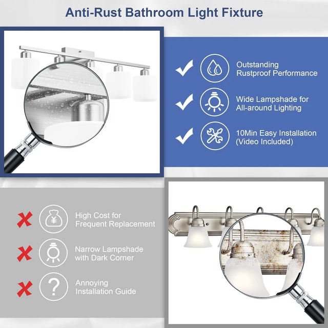 Alt view image 3 of 7 - Bathroom Lights Over Mirror Brushed Nickel, Anti-Rust 5-Light Bathroom Vanity Light Fixtures, Modern 28.34Inches Wall Sconces E26 Base, Milky White Glass Shades, Bulbs Not Included