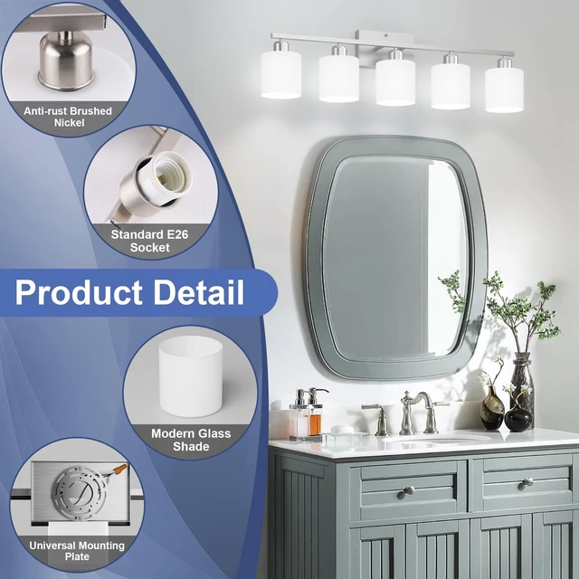 Alt view image 2 of 7 - Bathroom Lights Over Mirror Brushed Nickel, Anti-Rust 5-Light Bathroom Vanity Light Fixtures, Modern 28.34Inches Wall Sconces E26 Base, Milky White Glass Shades, Bulbs Not Included