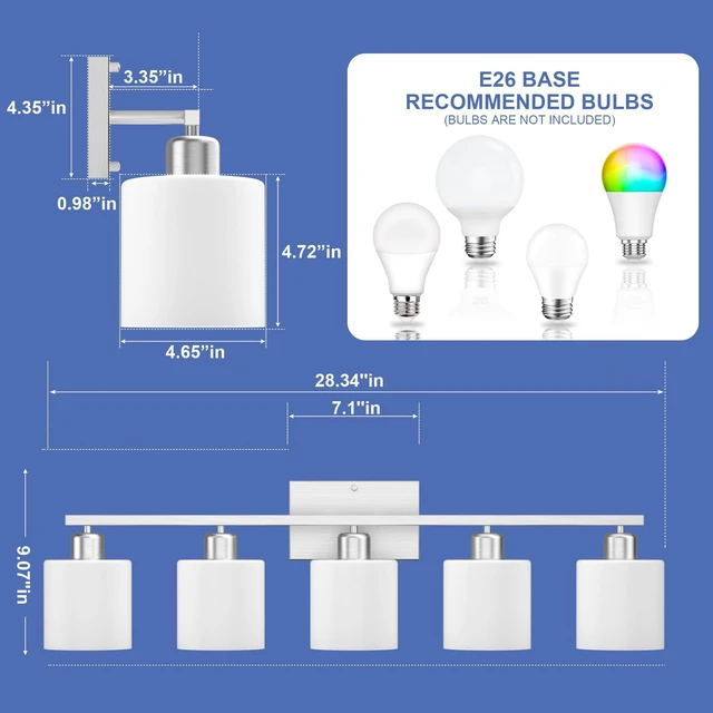 Alt view image 5 of 7 - Bathroom Lights Over Mirror Brushed Nickel, Anti-Rust 5-Light Bathroom Vanity Light Fixtures, Modern 28.34Inches Wall Sconces E26 Base, Milky White Glass Shades, Bulbs Not Included