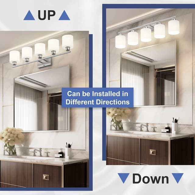 Alt view image 4 of 7 - Bathroom Lights Over Mirror Brushed Nickel, Anti-Rust 5-Light Bathroom Vanity Light Fixtures, Modern 28.34Inches Wall Sconces E26 Base, Milky White Glass Shades, Bulbs Not Included